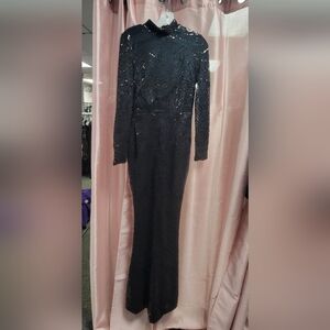 Geometric Sequin Mock Neck Mermaid Gown in Black